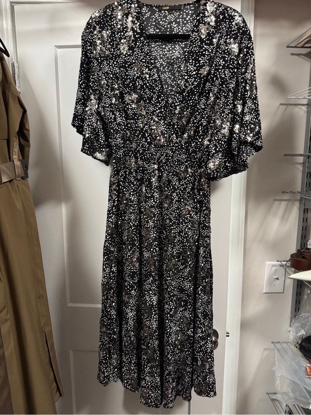 Maje Black and White Speckled Floral Midi Dress